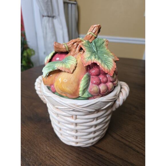 Fitz & Floyd Basket Weave Cookie Jar / Canister - Apple Plums Pear Grape 10 X 8 - Picture 3 of 16